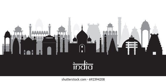 India Landmarks Skyline in Black and White Silhouette, Cityscape, Travel and Tourist Attraction