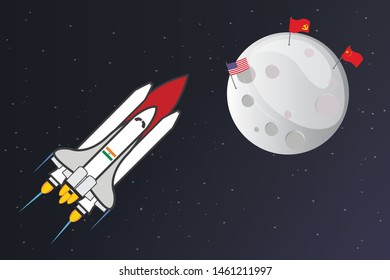 India launched to the moon station with a lunar rover. Vector illustration in cartoon style. 