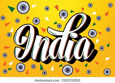 India letter vector design and illustration , India independence day vector design and illustration with a yellow background and triangle of flag color also a logo in flag of India 