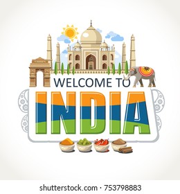 India lettering sights symbols landmarks culture illustration