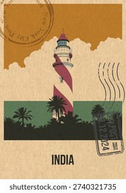 India Lighthouse Attraction Postcard, Kollam Light House Beacon Popular Place Illustration, Vector Template Retro Style Greeting Card. Vintage Colors, Aged Paper Texture