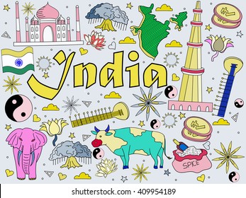 India line art design vector illustration. Separate objects. Hand drawn doodle design elements.
