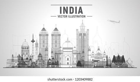 India Line Skyline With Panorama In White Background. Vector Illustration. Business Travel And Tourism Concept With Modern Buildings. Collage From Largest Cities Of India.