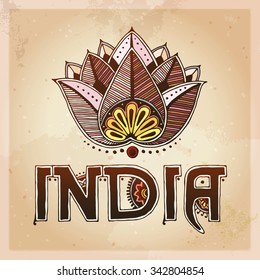 India and lotos card. Indian ethnic henna tattoo style. Orient traditional background design, real henna effect. Hand drawn doodle, vector illustration.