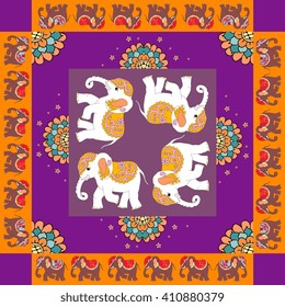 India. Lovely tablecloth or quilt. Ethnic bandana with ornament border. Silk neck scarf with beautiful elephants. Summer kerchief square pattern design style for print on fabric.