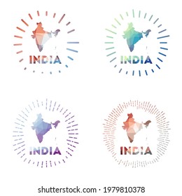 India low poly sunburst set. Logo of country in geometric polygonal style. Vector illustration.