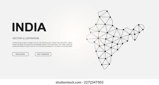 India low poly symbol with connected dots for landing page. India map design illustration concept. Polygonal Country map illustration