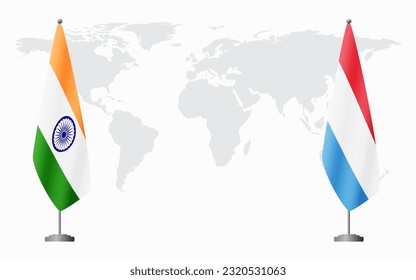 India and Luxembourg flags for official meeting against background of world map.