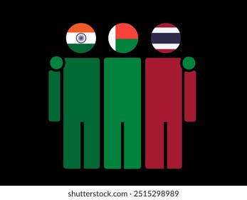 India, Madagascar, and Thailand National Flags With Embracing Body. Vector Illustration. Isolated background.