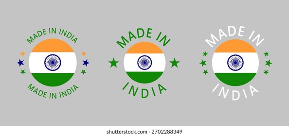 India Made in Stamp in circle with flag on white background