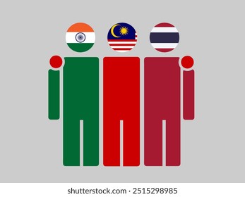 India, Malaysia, and Thailand National Flags With Embracing Body. Vector Illustration. Isolated background.
