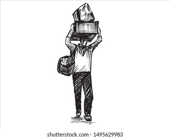 A India man carries stuff on his head and walking, hand draw sketch