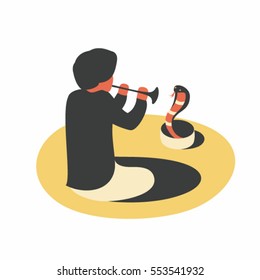 India, man playing the flute with snake cobra, white background