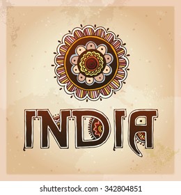 India and mandala card. Indian ethnic henna tattoo style. Orient traditional background design, real henna effect. Hand drawn doodle, vector illustration.