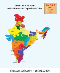 India map 2019. India old map with States capital and cities name. popular cities in India.