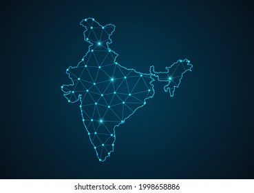 India map Abstract mash line and point scales on dark background. Wire Frame 3D mesh polygonal network line. Network line, design sphere, dot and structure vector.