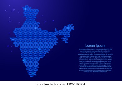 India map abstract schematic from blue triangles repeating pattern geometric background with nodes and space stars for banner, poster, greeting card. Vector illustration.