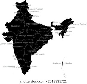 INDIA MAP com as suas divisões administrativas e regiões