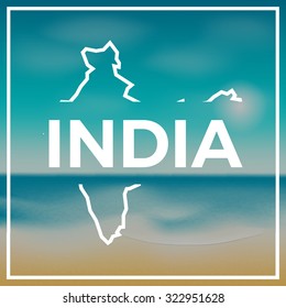 India map against the backdrop of beach and tropical sea with bright sun. EPS10 vector