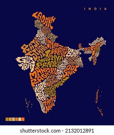 INDIA Map with all Indian states name lettering. India map vector lettering. Typography India map design. Indian all states name in map shape. Bharat naksha art.