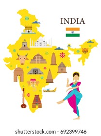 India Map and Architecture landmarks Icons, Traditional Dance, Travel and Tourist Attraction