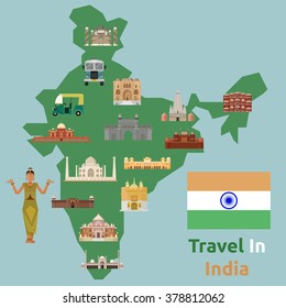 India Map attraction Background. Taj Mahal, Red fort, Mahabodhi Temple, Mahabat Maqbara, Jama Masjid Mosque, Jal Mahal, Gateway of India, Harmandir Sahib, Amber Fort