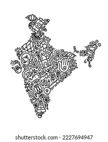 India map black calligraphy text and doodle elements Indian culture vector illustration design. Happy republic Day India independence celebrations with 26th January.