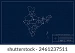 India Map with Blueprint Tech Style Background.