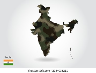 india map with camouflage pattern, Forest - green texture in map. Military concept for army, soldier and war. coat of arms, flag.