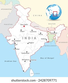 Mapa de India con la capital Nueva Delhi, ciudades más importantes y fronteras nacionales