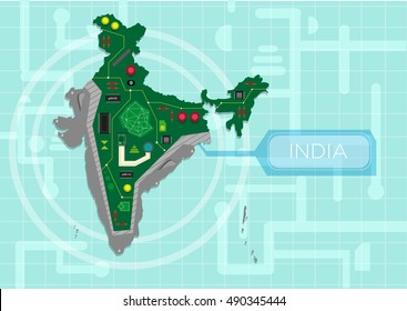 India Map As A Circuit Board Generating Data Processing Or Digital Power. Editable Clip Art.