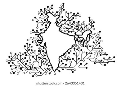 India map with circuit board tree on a white screen for communication technology background concept 