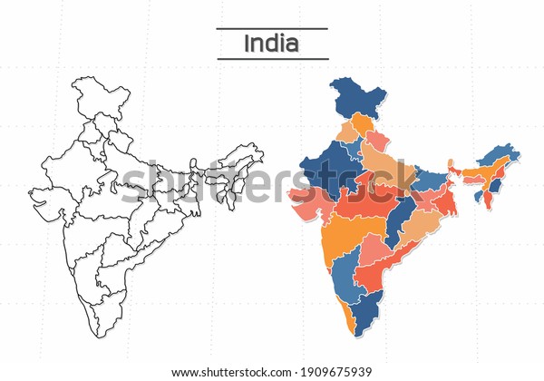India map city vector\
divided by colorful outline simplicity style. Have 2 versions,\
black thin line version and colorful version. Both map were on the\
white background.