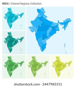 Colección del mapa de India. Forma de Country con regiones de color. Paletas de colores azul claro, cian, verde azulado, verde claro, verde lima. Frontera de la India con las provincias para su infografía. Ilustración vectorial.