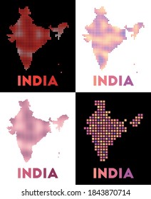 India map. Collection of maps of India in dotted style. Borders of the country filled with rectangles for your design. Vector illustration.