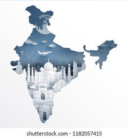 India map concept with India famous landmarks in paper cut style vector illustration.