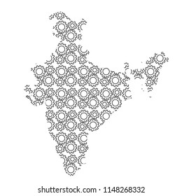 India map country abstract silhouette from industrial gears drive. Black repeating pattern. Vector illustration.