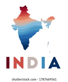 India map. Map of the country with beautiful geometric waves in red and blue colors. Vivid India shape. Vector illustration.