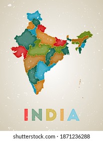 Indische Karte. Country Poster mit farbigen Regionen. Alte Grunge Textur. Vektorgrafik von Indien mit Ländernamen.