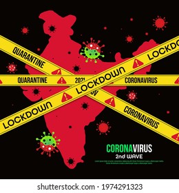 India Map With Covid-19 Virus 2nd Wave Lockdown Concept. Vector Illustration