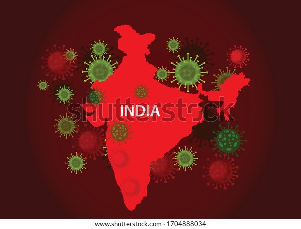 India map with covid-19 virus concept. Coronavirus is spread to all over the world and infected to all countries. Vector illustration of red map design with influenza virus. Covid 19 India map. 