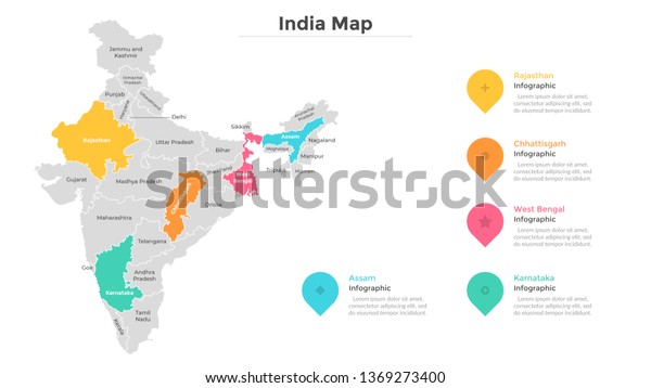India map divided into provinces or regions with
modern borders. Geographic location indication. Infographic design
template. Vector illustration for presentation, brochure, touristic
website.