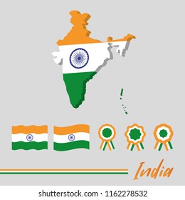 India map, flag and cockade. Indian national symbols. Vector isolated graphic elements.