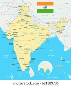 India map and flag - highly detailed vector illustration