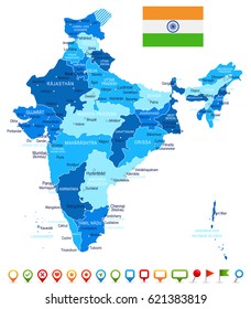 India map and flag - highly detailed vector illustration