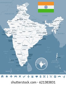 India map and flag - highly detailed vector illustration