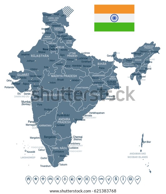 India\
map and flag - highly detailed vector\
illustration