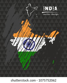India map with flag inside on the black background. Chalk sketch vector illustration