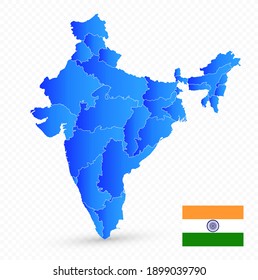 India map and flag on transparent background. No text. Image contains layers with map contours. Highly detailed vector illustration.