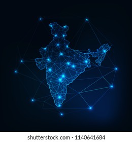 India Map Glowing Silhouette Outline Made Of Stars Lines Dots Triangles, Low Polygonal Shapes. Communication, Internet Technologies Concept. Wireframe Futuristic Design. Vector Illustration.